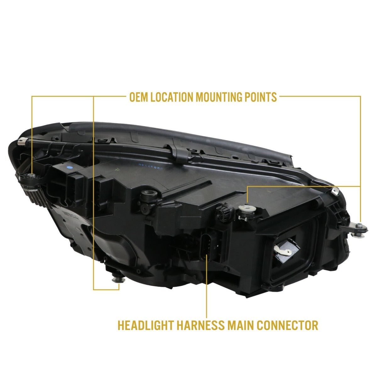 Back of the headlight with mounting points and main connector