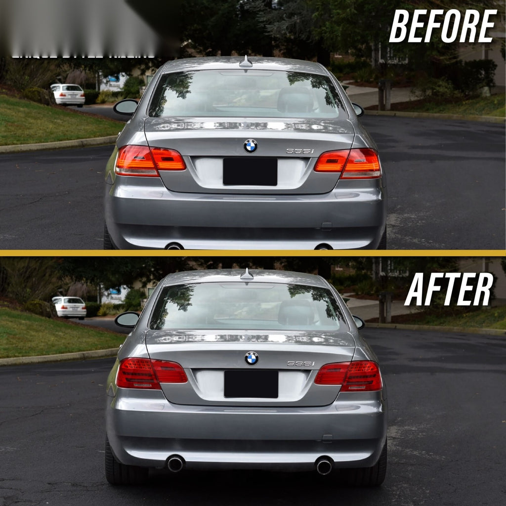 Before and after: factory pre-LCI tail lights vs LCI style LED tail lights on a 2007-2010 BMW E92 coupe