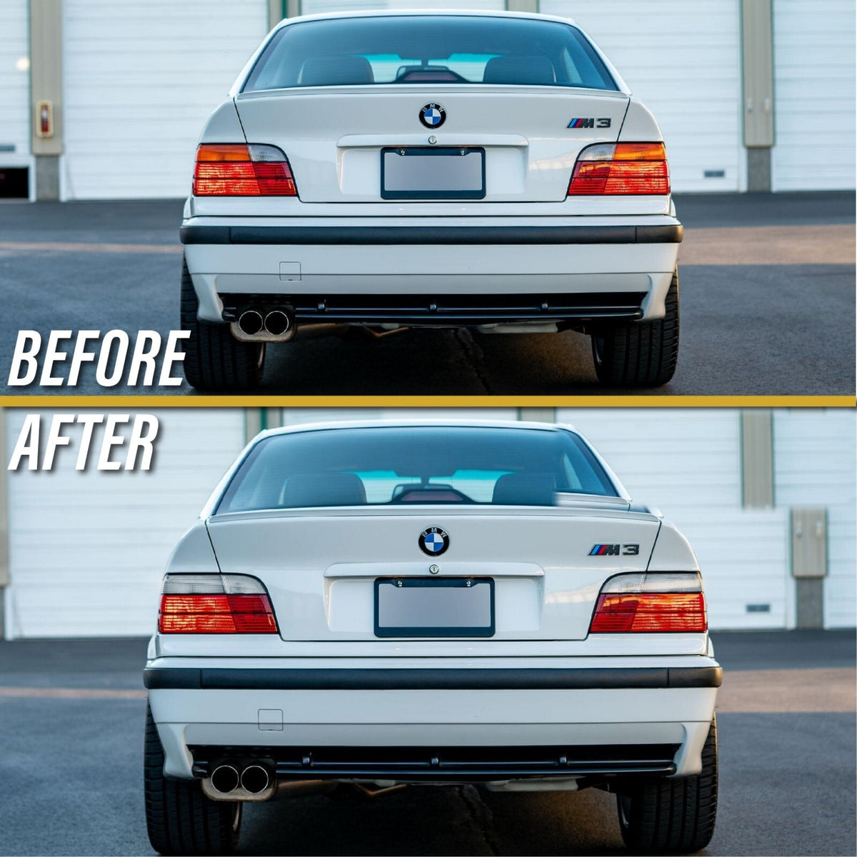 Before and after: factory red/amber tail lights vs Euro style red/clear tail lights on a BMW E36 M3