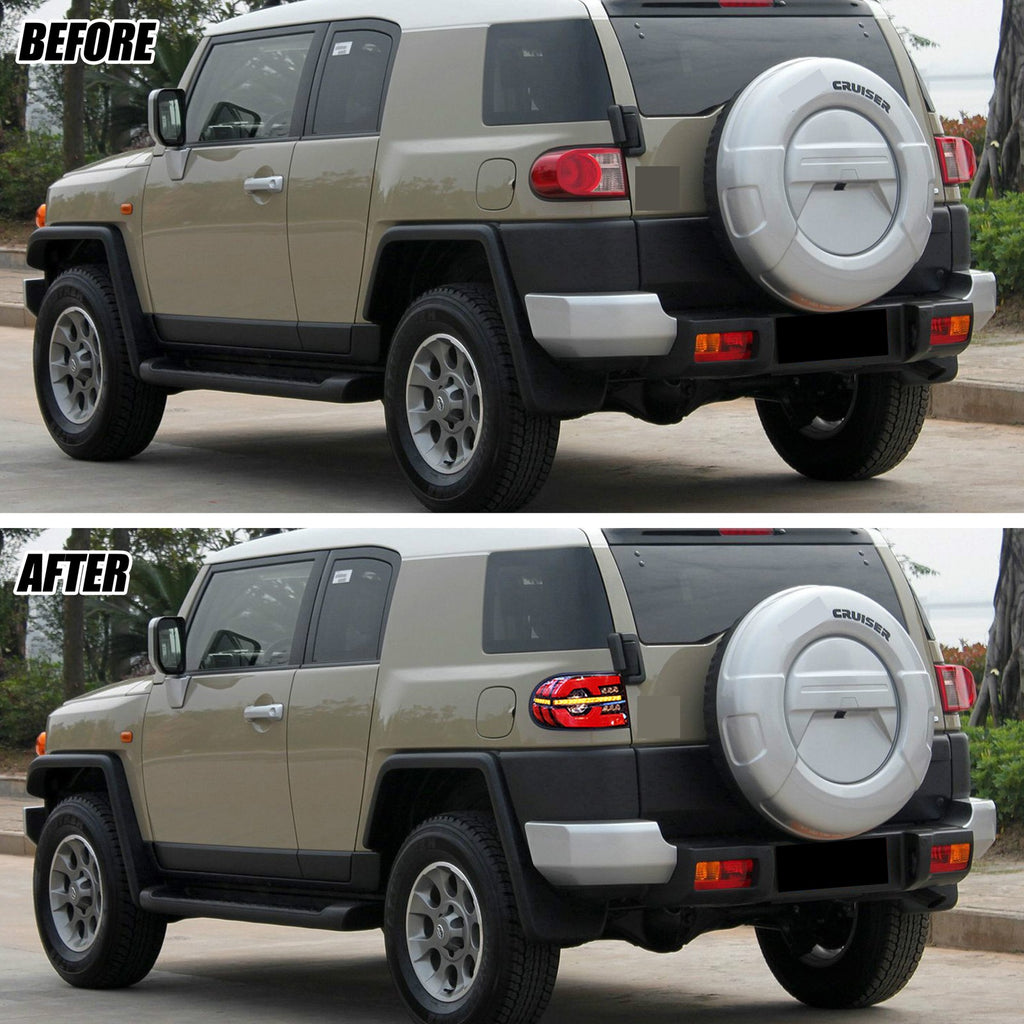 Before and after: factory vs LED tail lights on a 2007-2014 Toyota FJ Cruiser