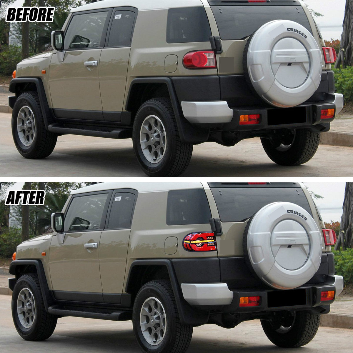 Before and after: factory vs LED tail lights on a 2007-2014 Toyota FJ Cruiser