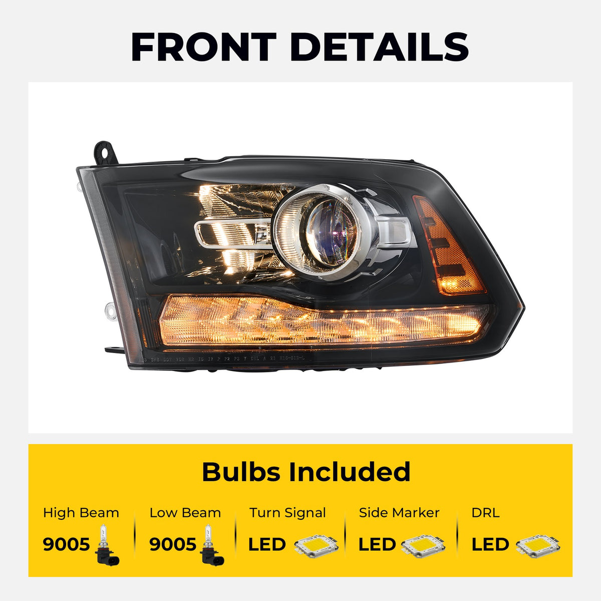 Headlight bulb size diagram for 2013-2018 Ram 1500 2500 3500 Black Projector Halogen headlights