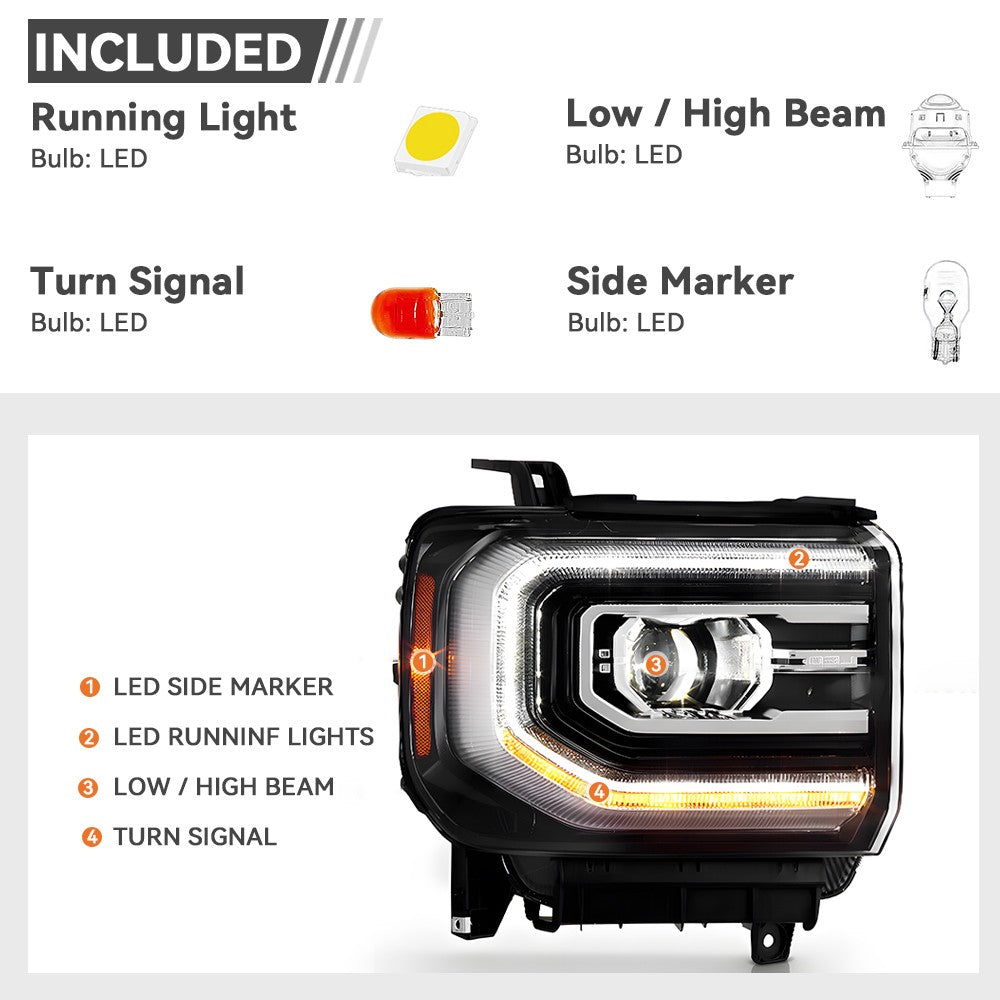 Pair LED headlight rear housing angle for 2016-2018 GMC Sierra 1500