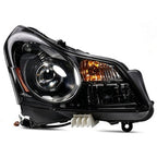 Passenger side Black HID Projector headlight close-up for 2007-2008 Infiniti G35 Sedan