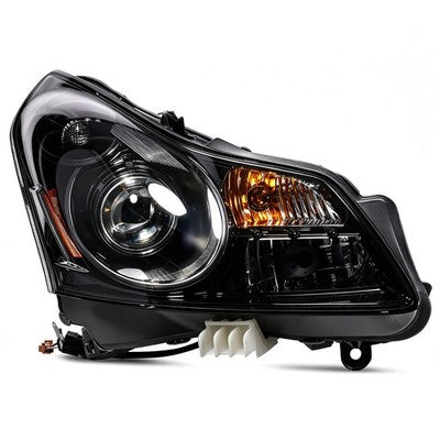 Passenger side Black HID Projector headlight close-up for 2007-2008 Infiniti G35 Sedan