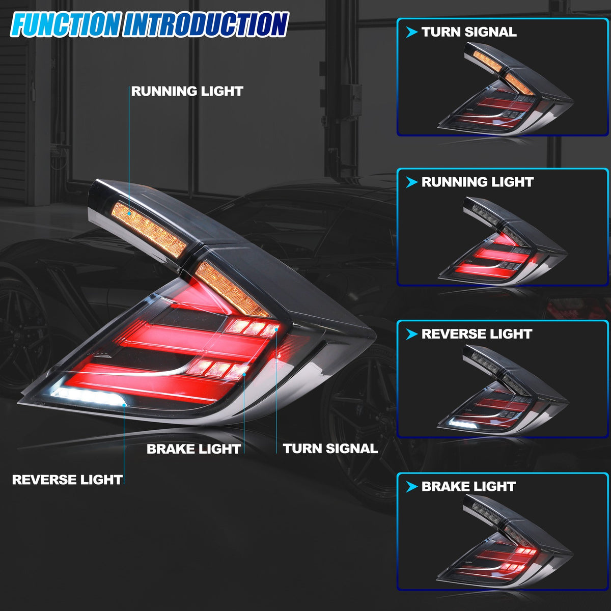 Running, brake, turn and reverse functions of the 2017-2021 Honda Civic Hatchback LED tail light