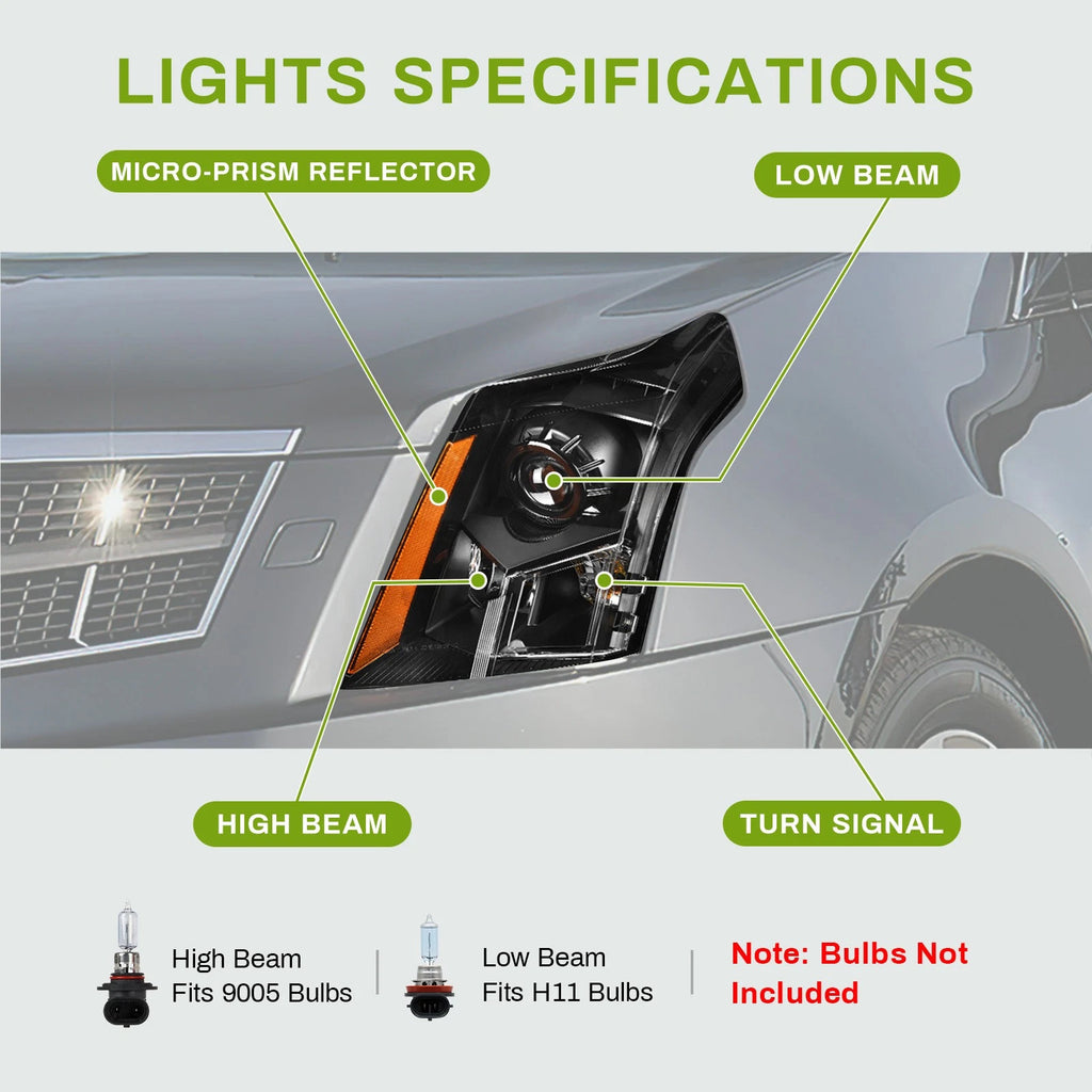 Right halogen projector headlight side angle for 2010-2016 Cadillac SRX