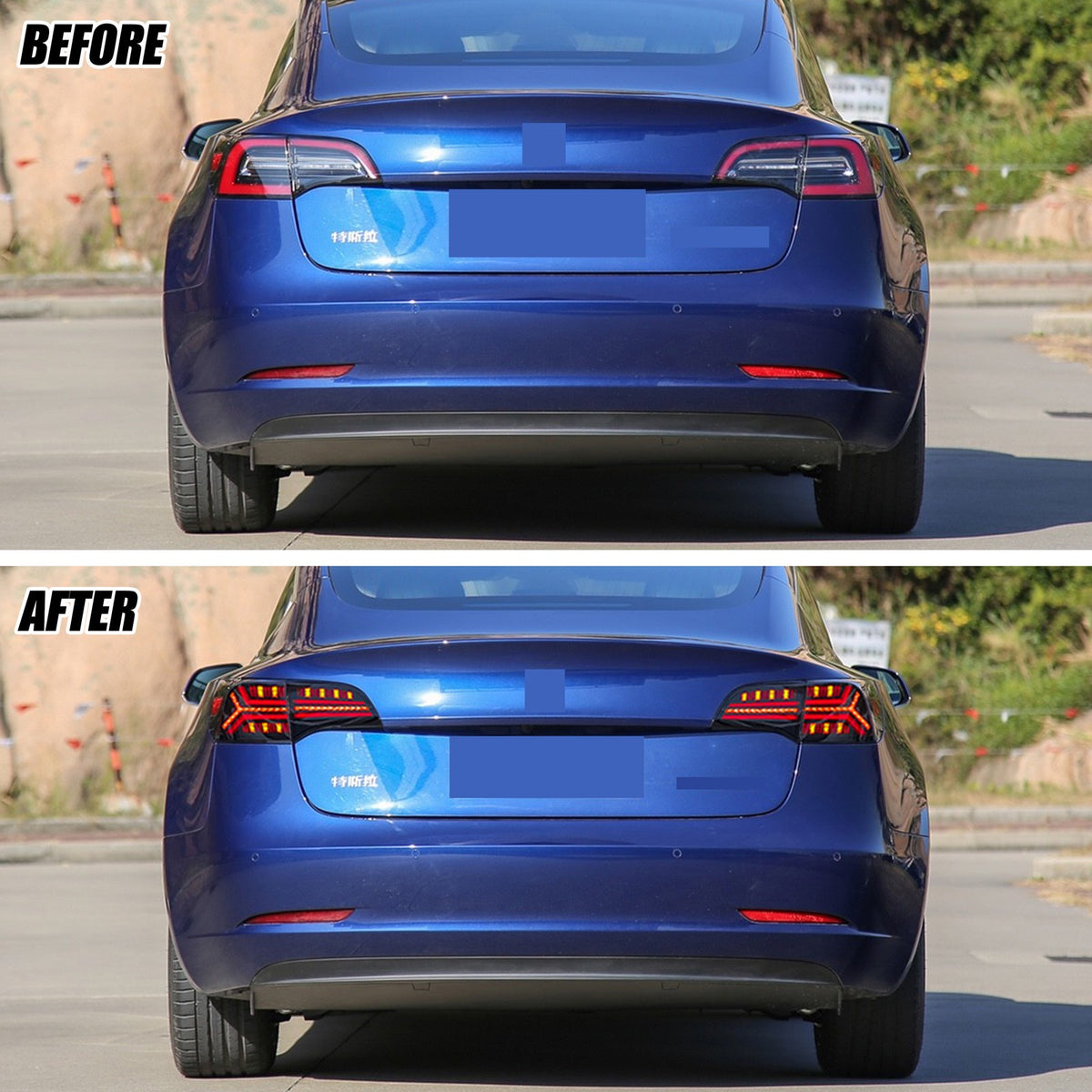 Before and after: factory vs LED tail lights on a 2017-2022 Tesla Model 3 / Model Y