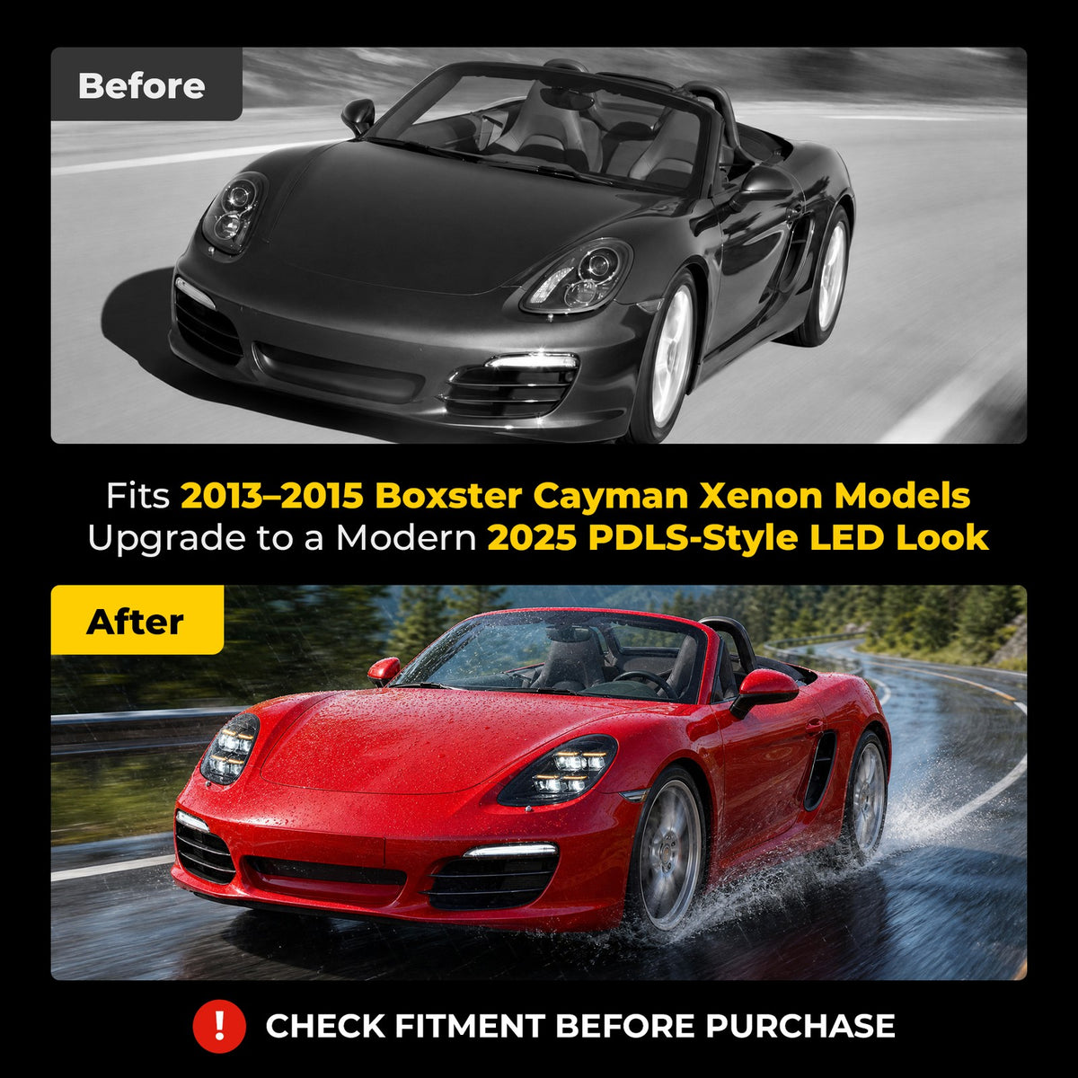 Fitment chart for 2025 Style Full LED headlights, 2013-2015 Porsche Boxster Cayman 981