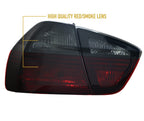 Close-up of the red/smoke lens on the BMW E90 sedan outer tail light, 2006-2008
