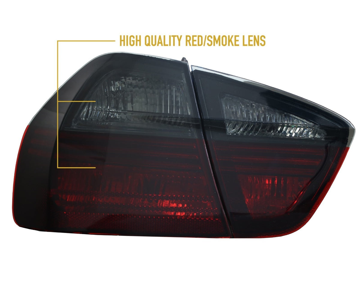 Close-up of the red/smoke lens on the BMW E90 sedan outer tail light, 2006-2008