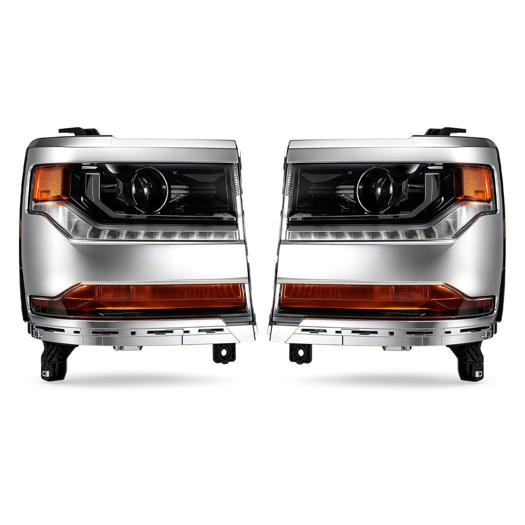 Chrome HID Projector Headlights Pair w/ LED DRL for Chevy Silverado 1500 (2016-2018)