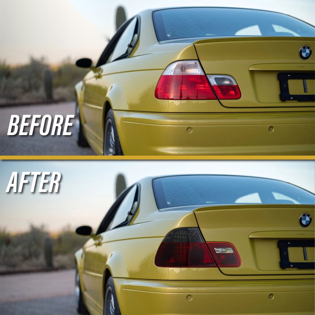Before and after on a yellow BMW E46 coupe: factory tail lights vs red/smoke LED tail lights