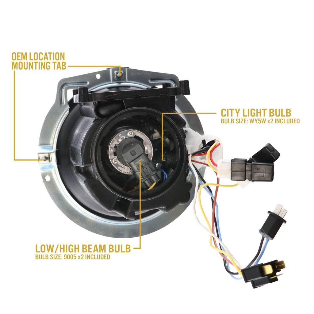 Back of the headlight with OEM mounting tabs