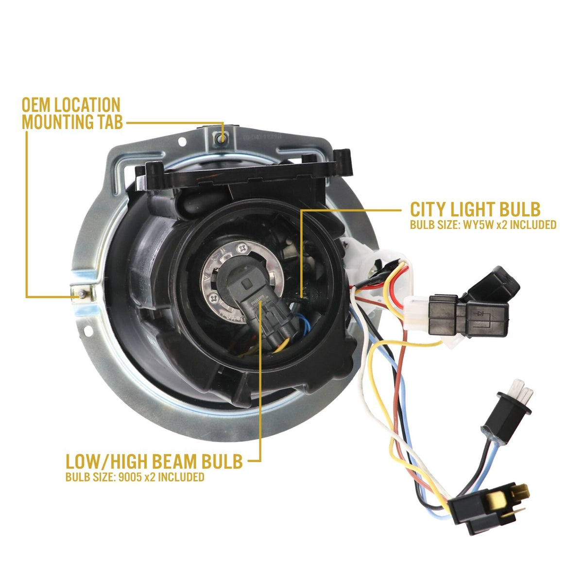 Back of the headlight with OEM mounting tabs