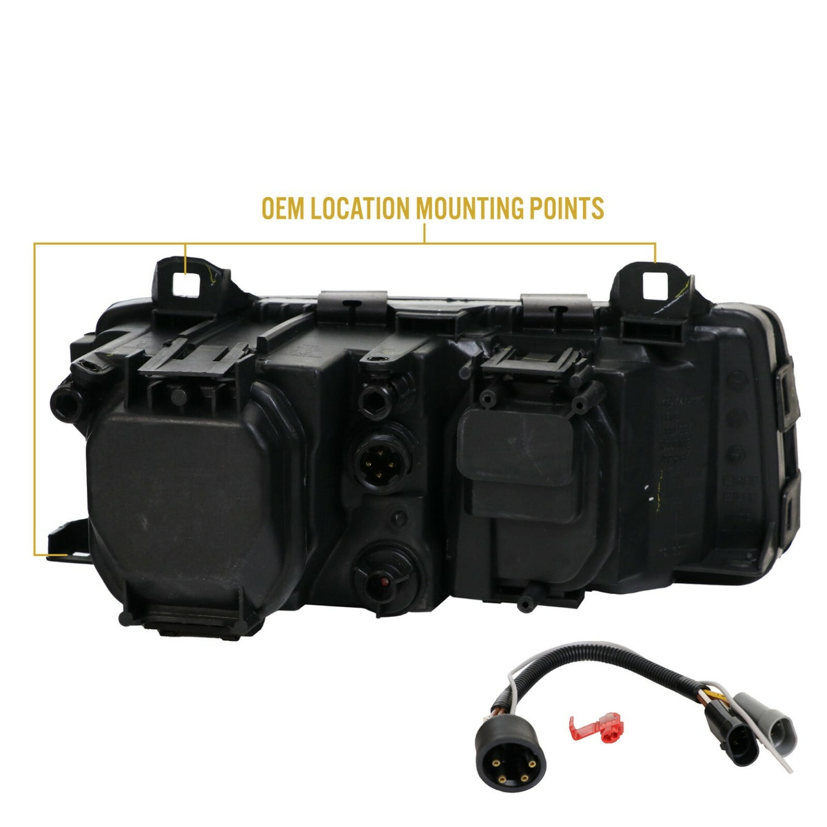 Back of the headlight with mounting points and wiring adapter