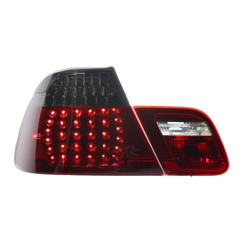 E46 coupe red/smoke LED tail light lit in daytime showing LED parking and brake section
