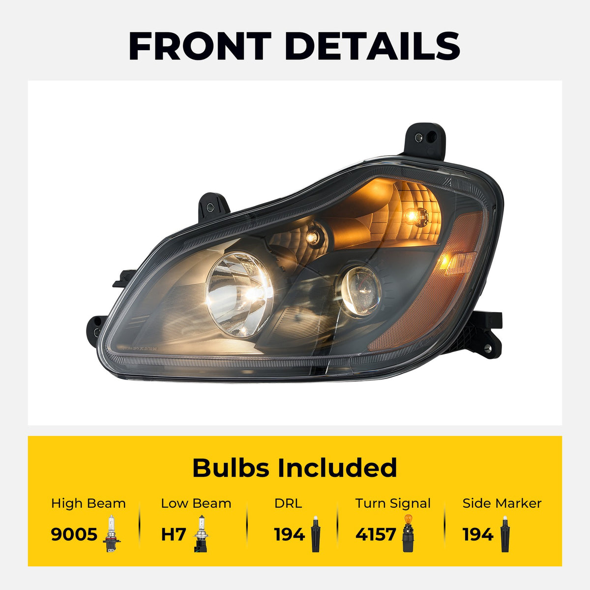 Headlight bulb size diagram for 2013-2021 Kenworth T680 Black Halogen headlights
