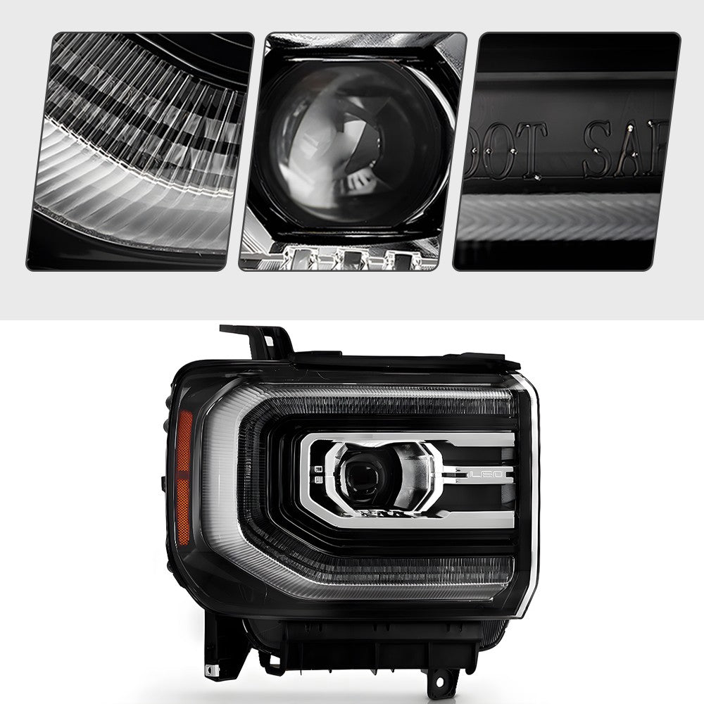 Left LED headlight lens close-up for 2016-2018 GMC Sierra 1500