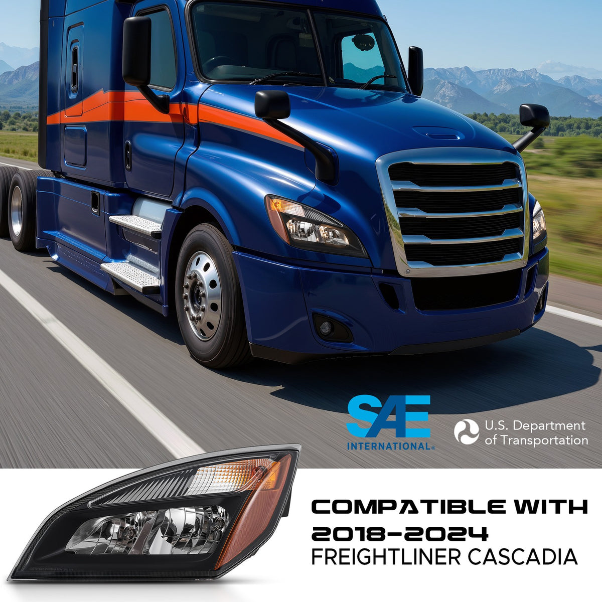 Fitment chart for Black Halogen headlights, 2018-2024 Freightliner Cascadia