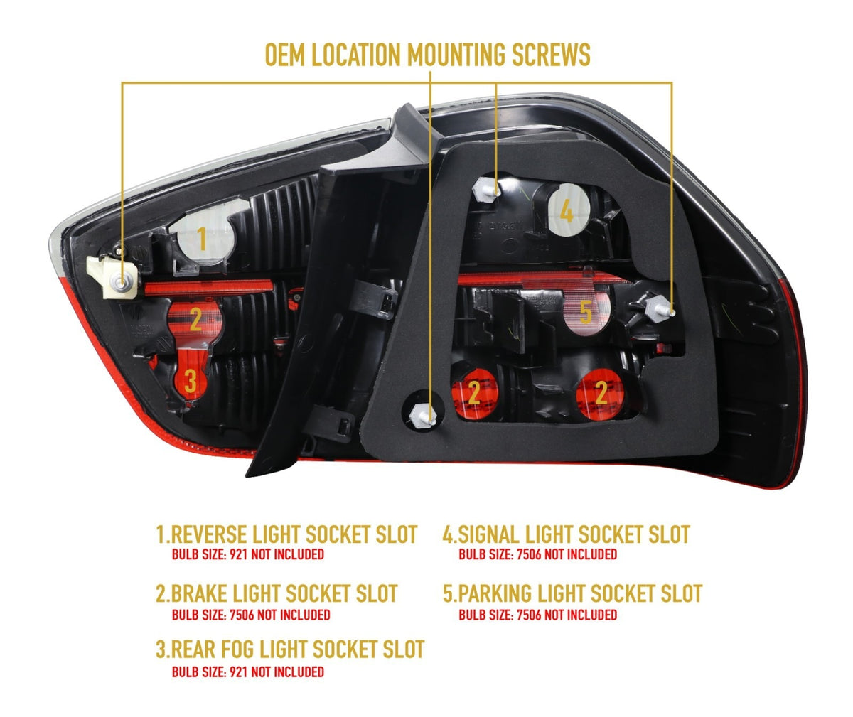 Back of the E90 tail light showing bulb sockets (921 and 7506) and mounting studs