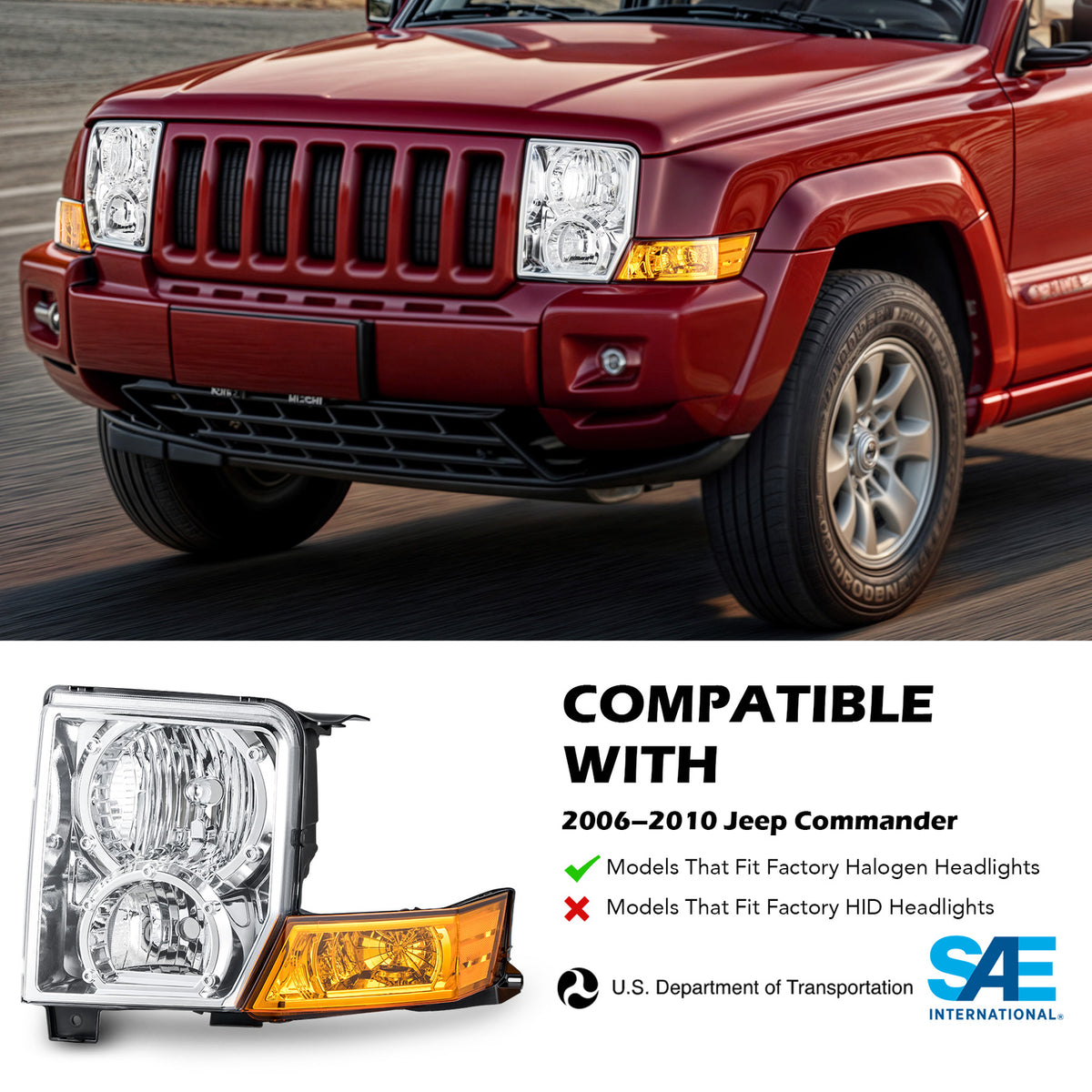 Fitment chart for Chrome Halogen headlights, 2006-2010 Jeep Commander