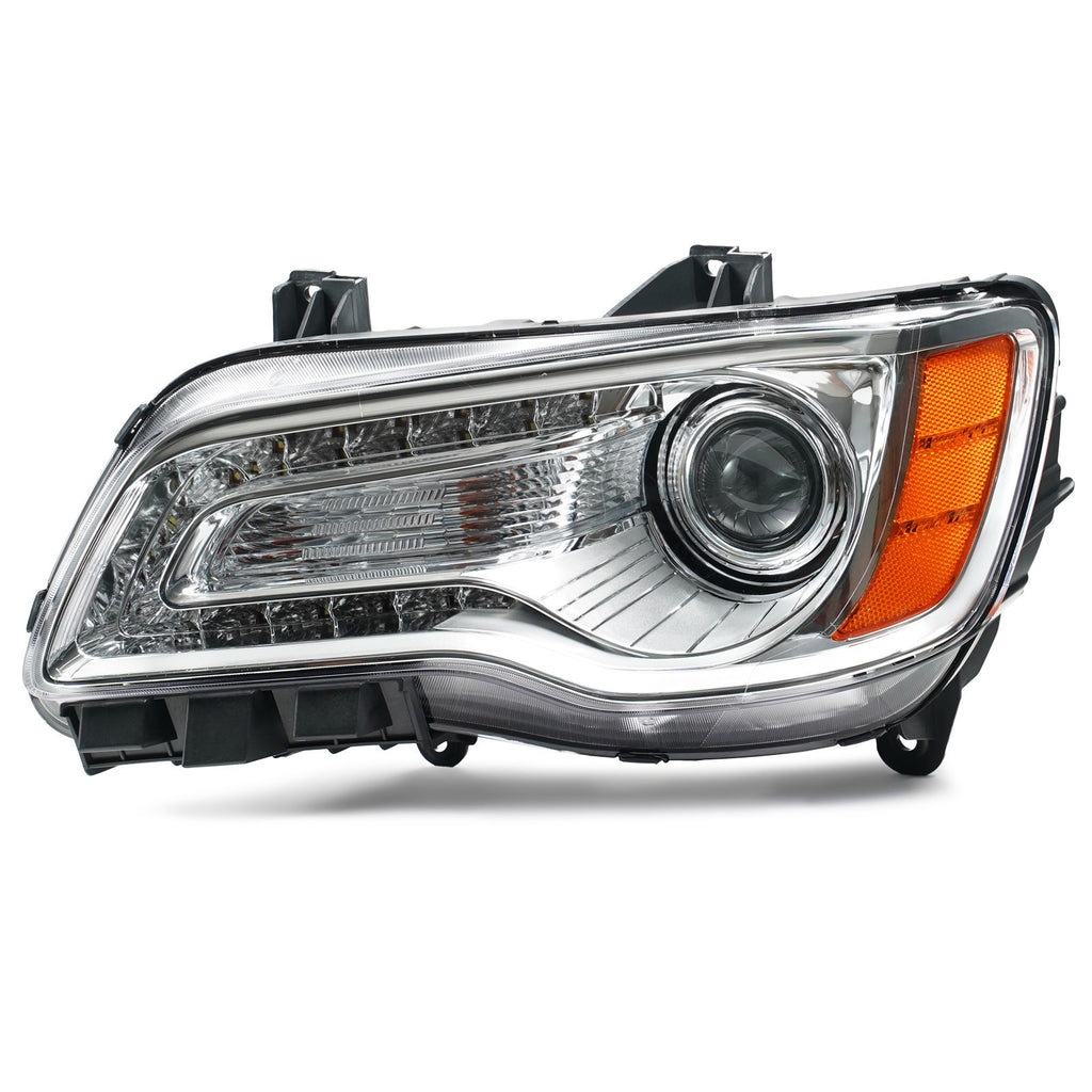 Driver side Chrome HID Projector headlight close-up for 2011-2014 Chrysler 300