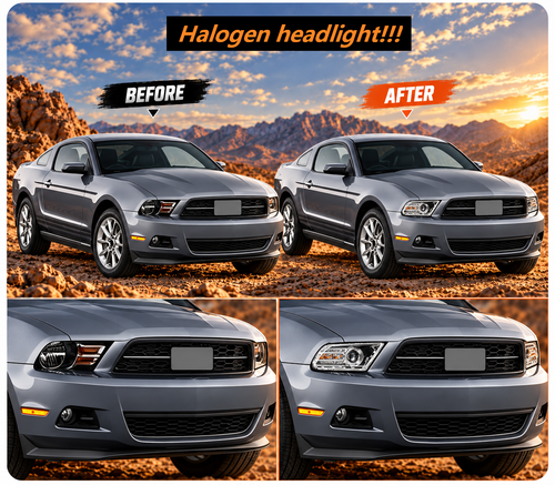 Before and after vehicle diagram for 2010-2014 Ford Mustang headlights
