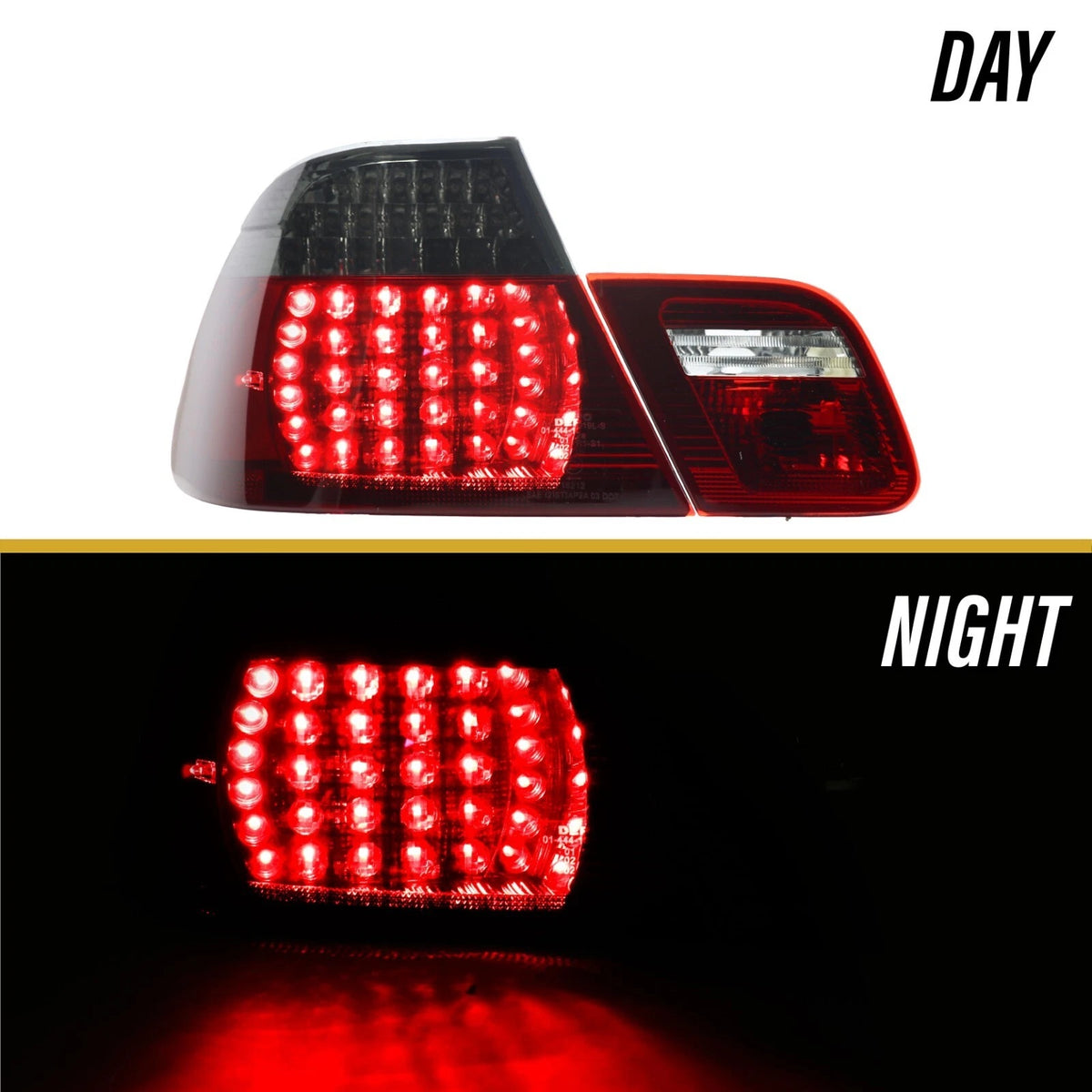 E46 coupe red/smoke LED tail light brake and parking LEDs lit, day and night