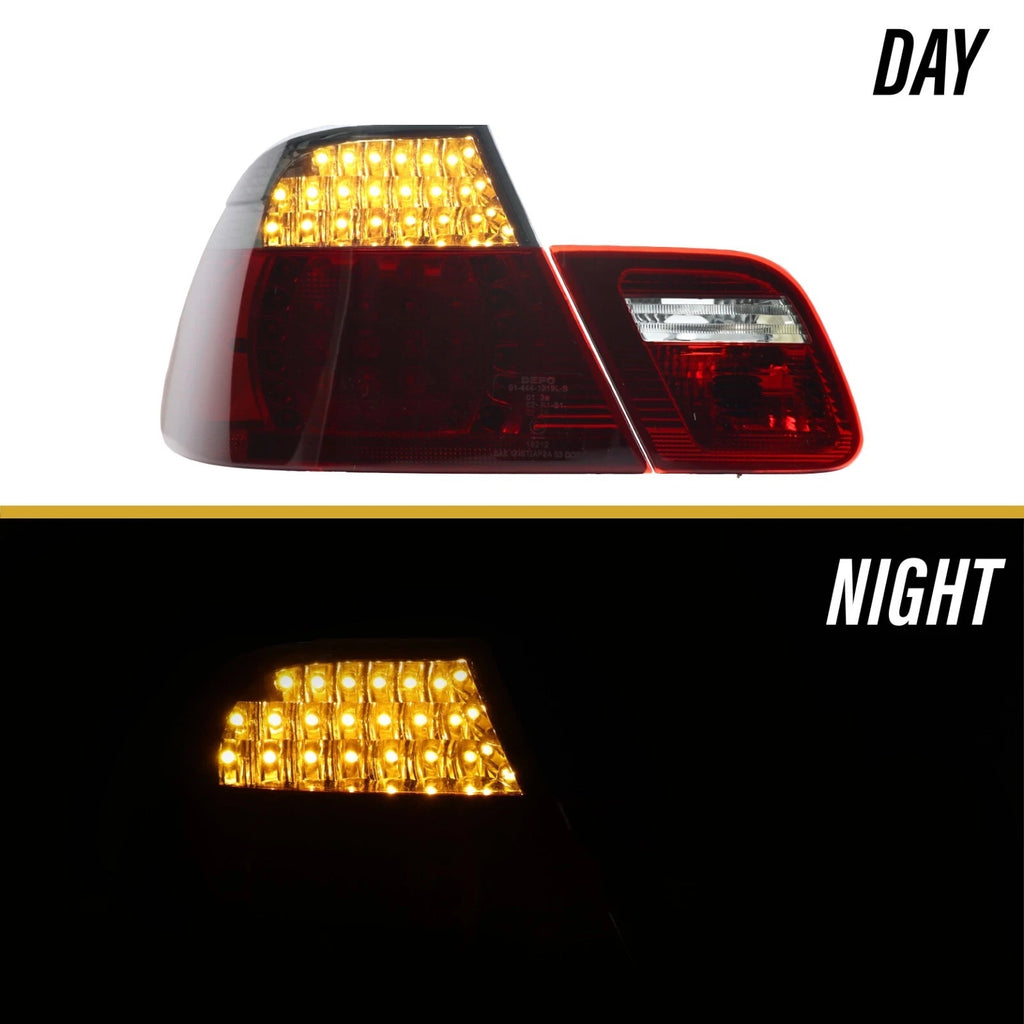 E46 coupe red/smoke LED tail light amber LED turn signal lit, day and night
