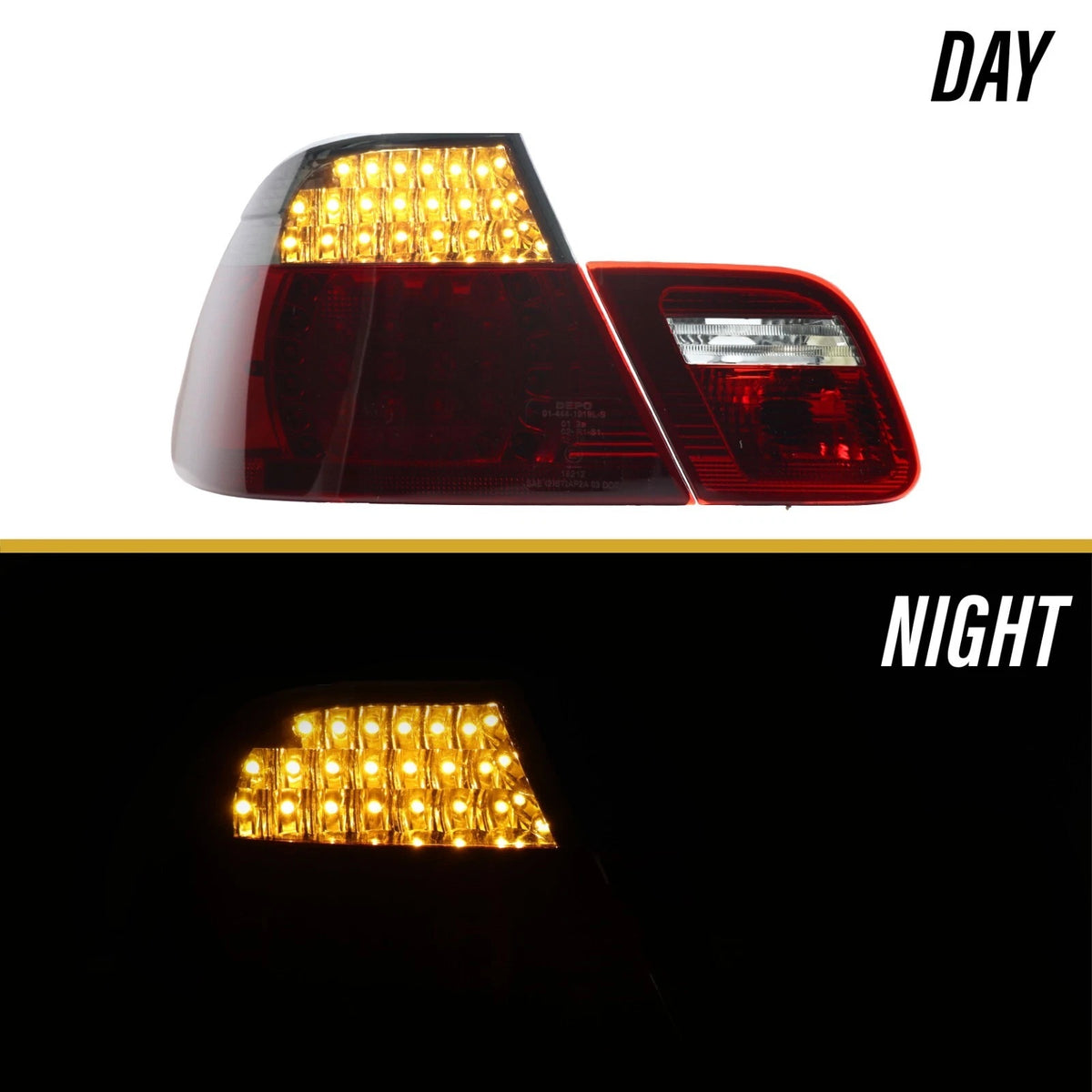 E46 coupe red/smoke LED tail light amber LED turn signal lit, day and night