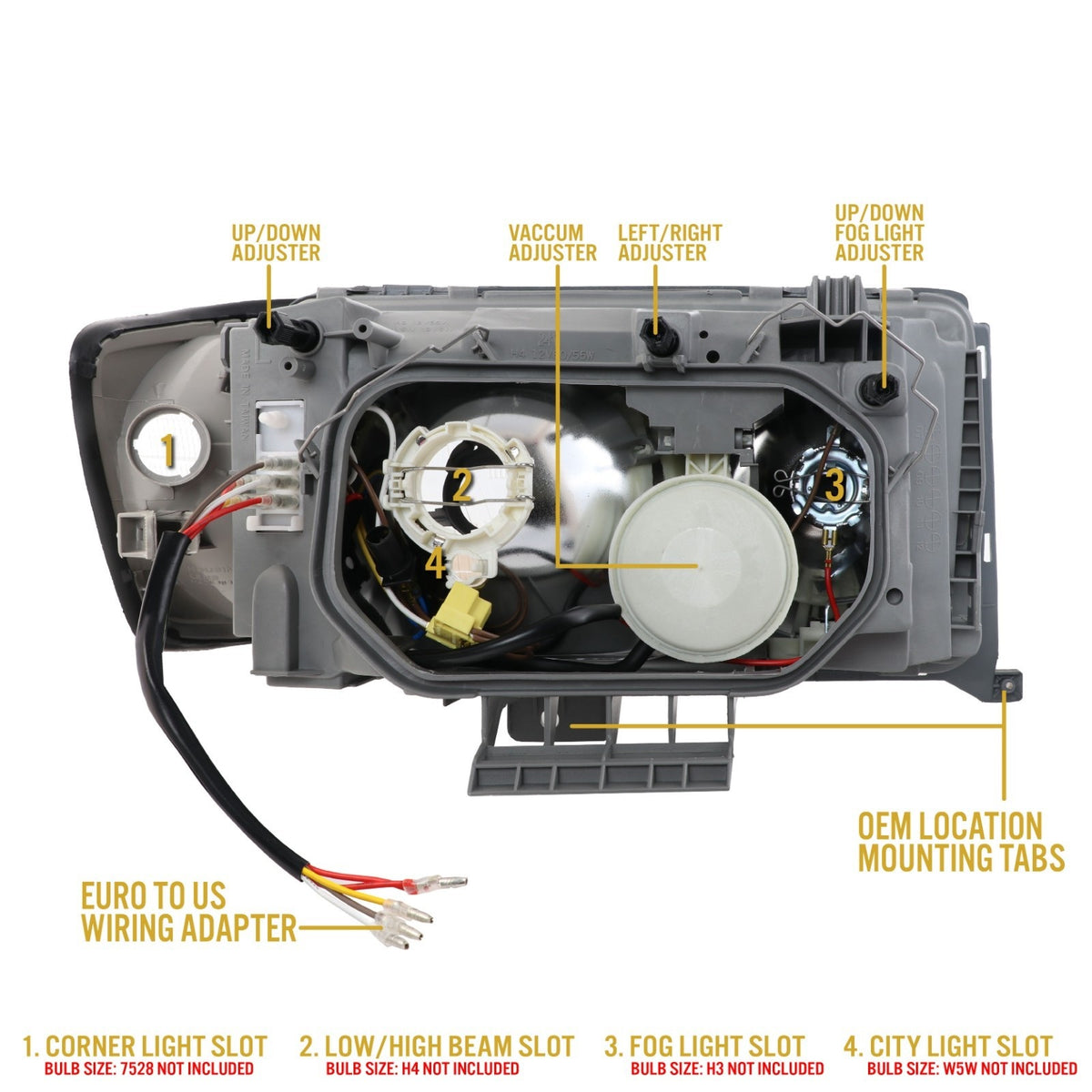 Back of the headlight with bulb slots