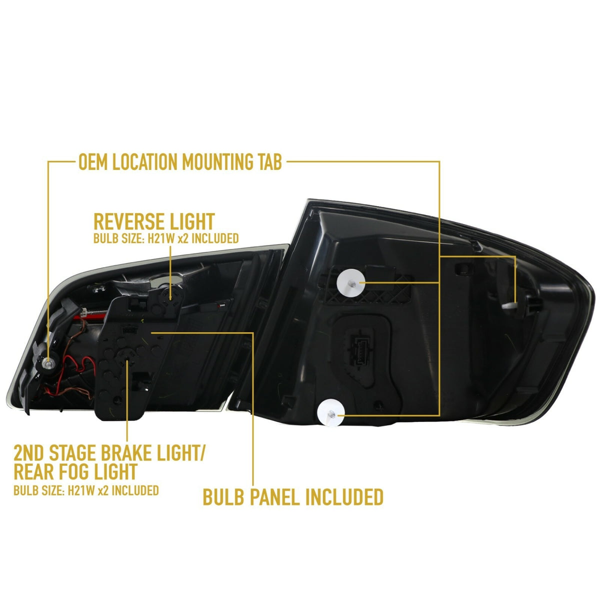 Back of the F10 tail light showing mounting tab and bulb panel