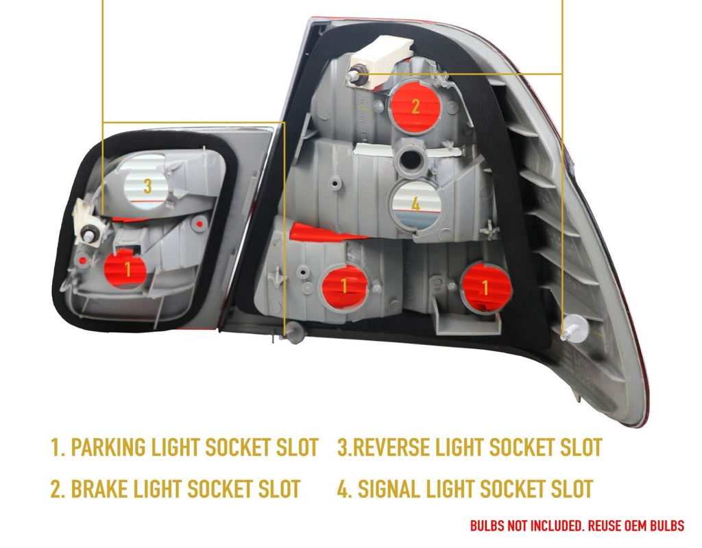 Back of the E46 sedan tail lights showing parking, brake, reverse and signal socket slots
