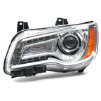 Passenger side Chrome HID Projector headlight close-up for 2011-2014 Chrysler 300