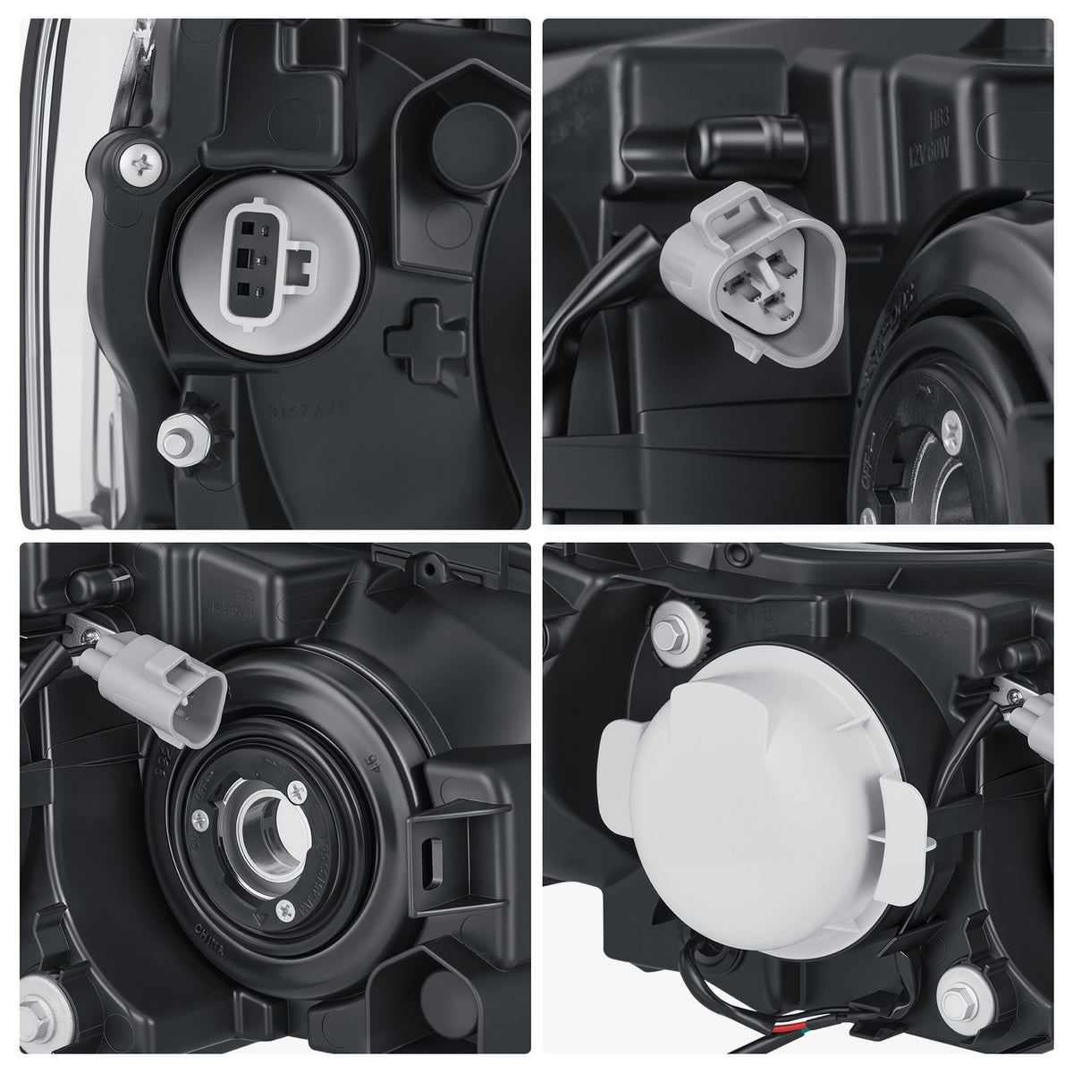 Black Projector Halogen headlight lens and housing detail for 2005-2007 Subaru Legacy Outback