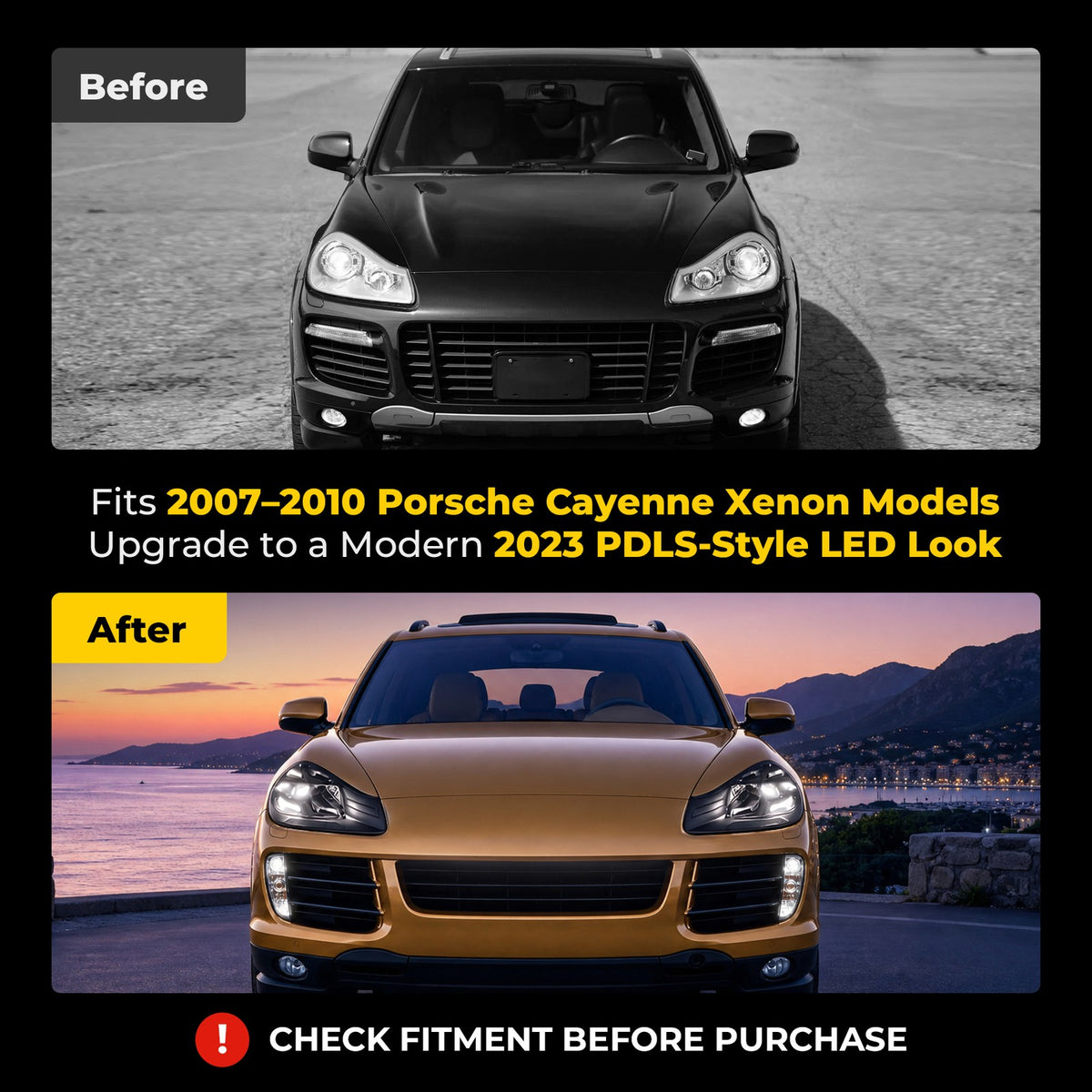 Fitment chart for Full LED headlights, 2007-2010 Porsche Cayenne 957