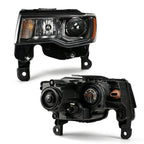 Left halogen projector headlight lens close-up for 2017-2021 Jeep Grand Cherokee