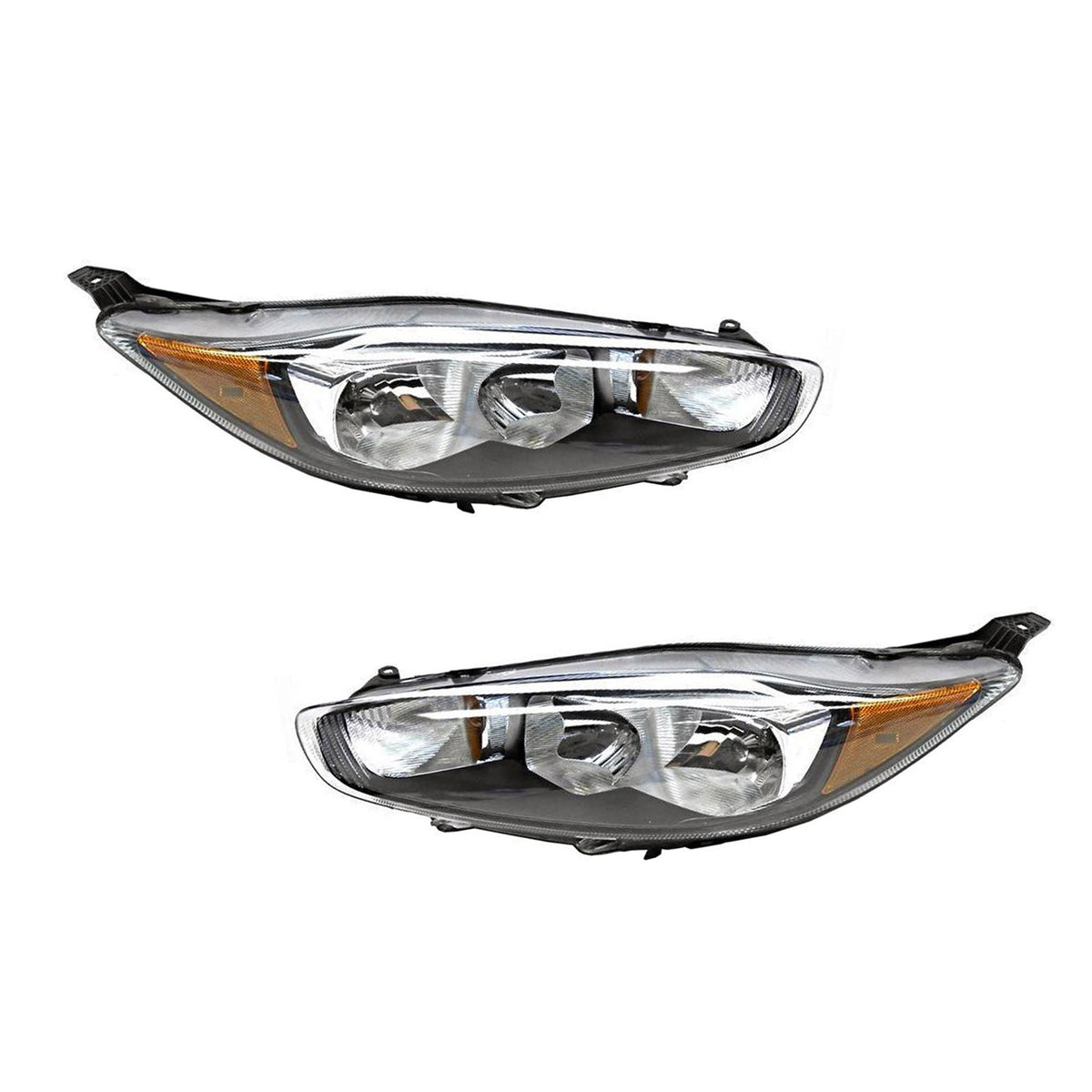 Black Bezel Halogen Headlights Pair w/ Bulbs & Chrome Reflectors for Ford Fiesta (2014-2019)