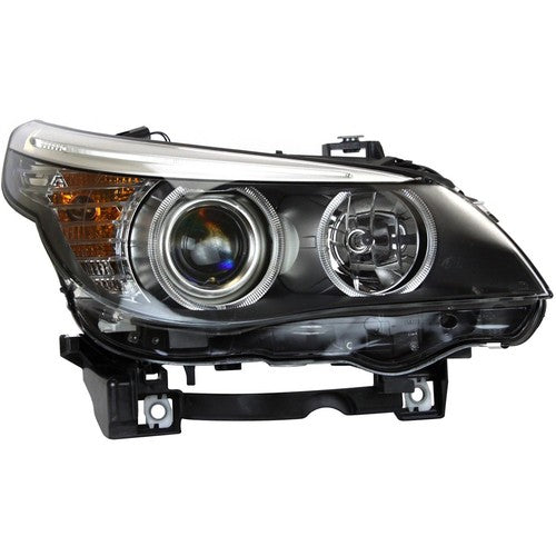 Black Halogen Angel Eye headlight lens and housing detail for 2004-2010 BMW 5 Series E60 E61