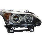 Black Halogen Angel Eye headlight lens and housing detail for 2004-2010 BMW 5 Series E60 E61