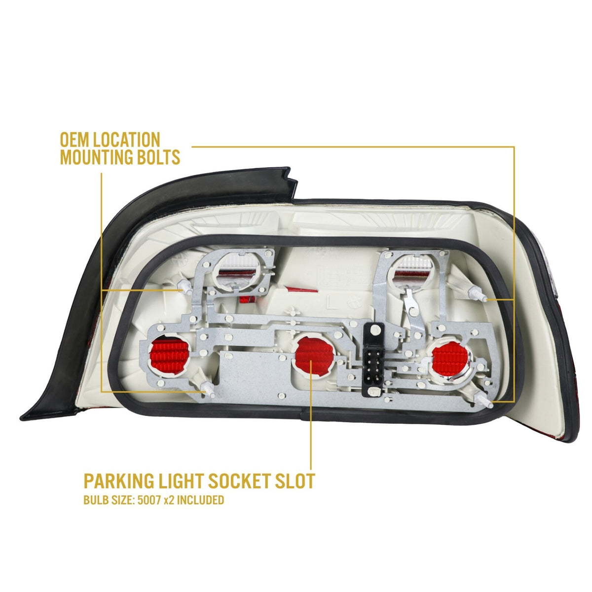 Back of the E36 coupe tail light showing OEM-location mounting bolts and bulb sockets