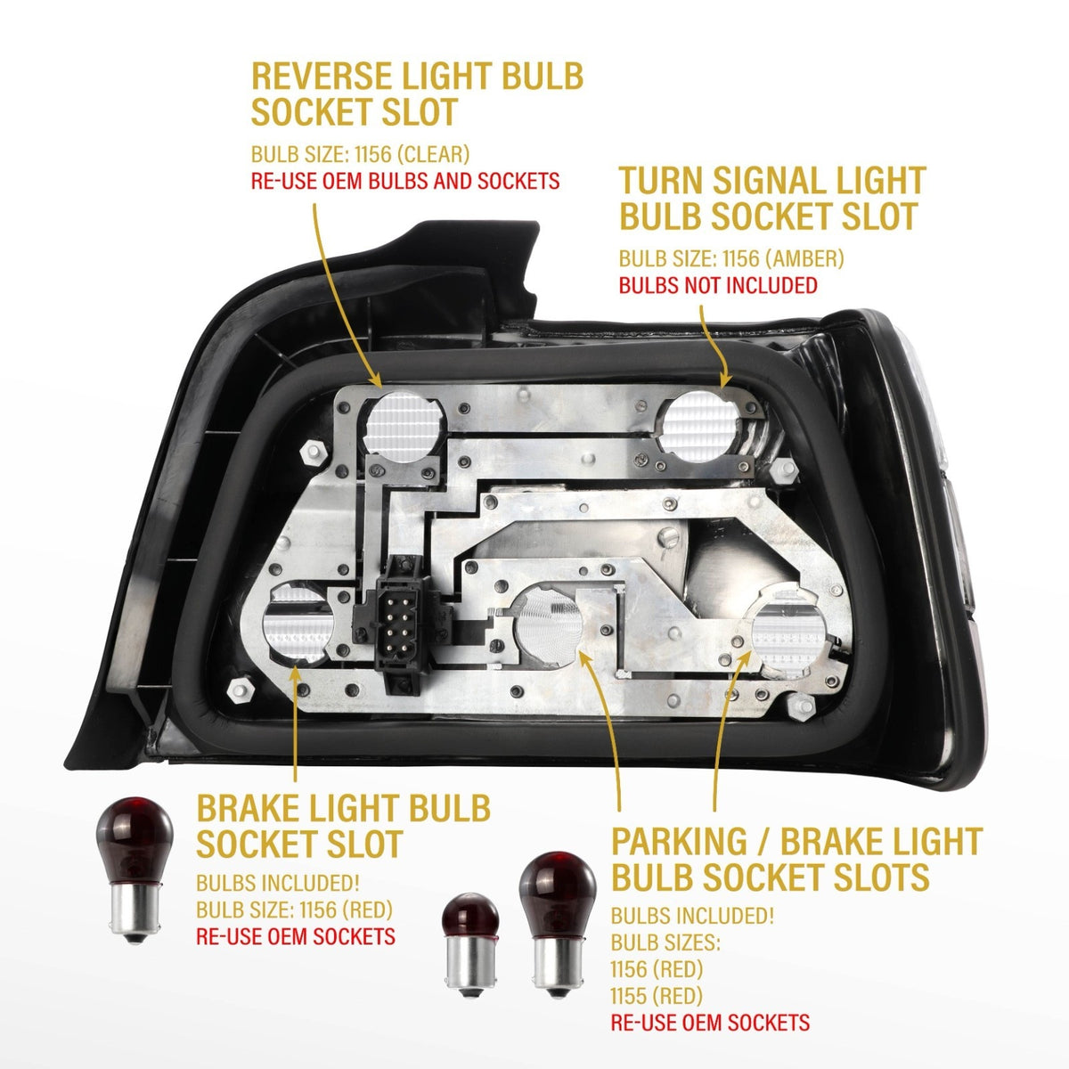 E36 sedan tail light back: reverse, turn, brake and parking sockets