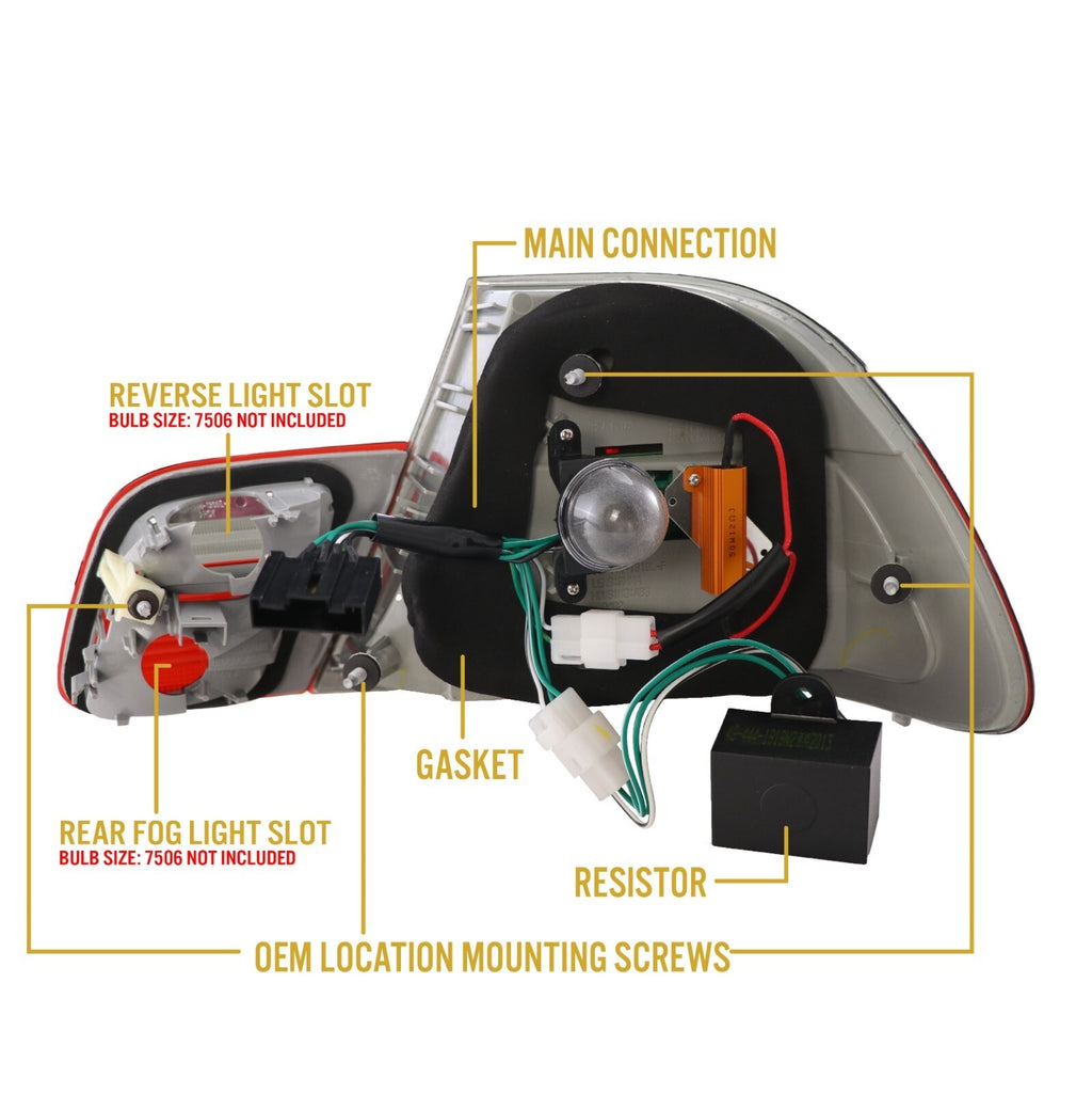 Back of the E46 coupe LED tail light showing main connection, reverse and rear fog slots, gasket and resistor