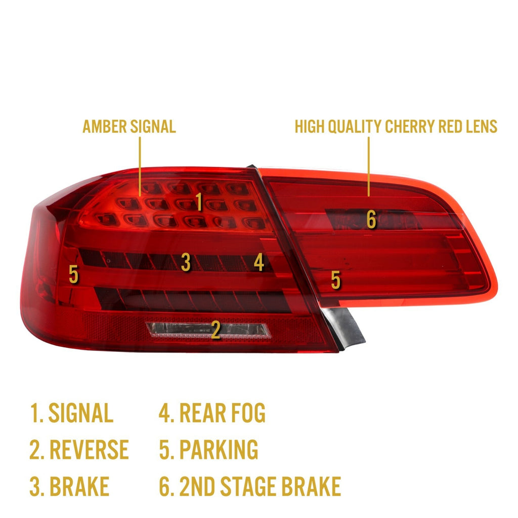 E92 LCI style tail light functions: amber signal, reverse, brake, rear fog, parking, 2nd stage brake