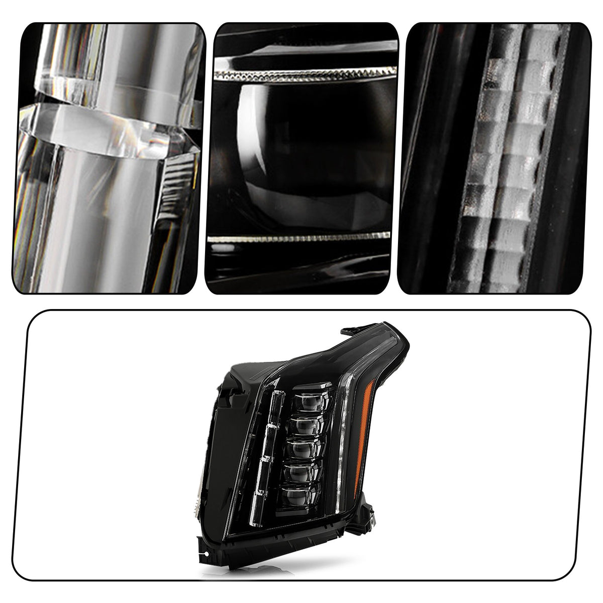 Left LED headlight lens close-up for 2015-2020 Cadillac Escalade