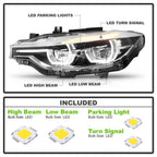 Left LED headlight lens close-up for 2012-2015 BMW 3 Series F30