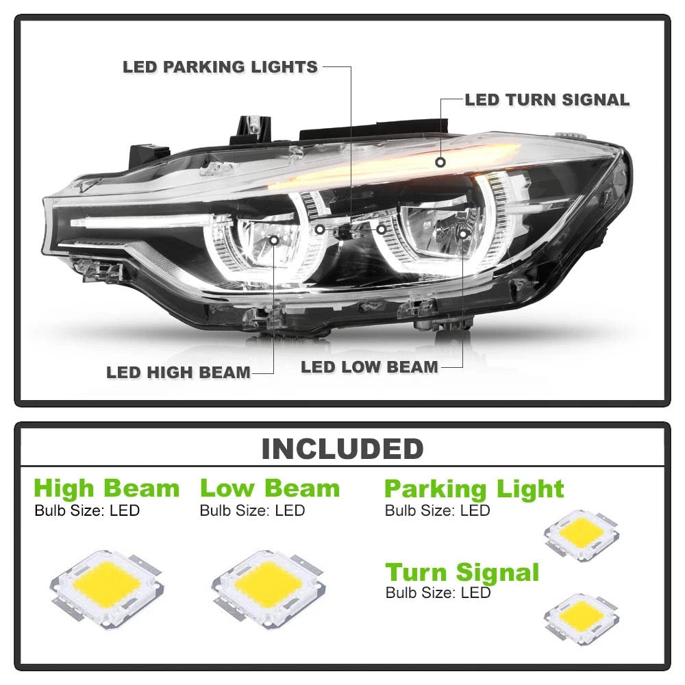 Left LED headlight lens close-up for 2012-2015 BMW 3 Series F30