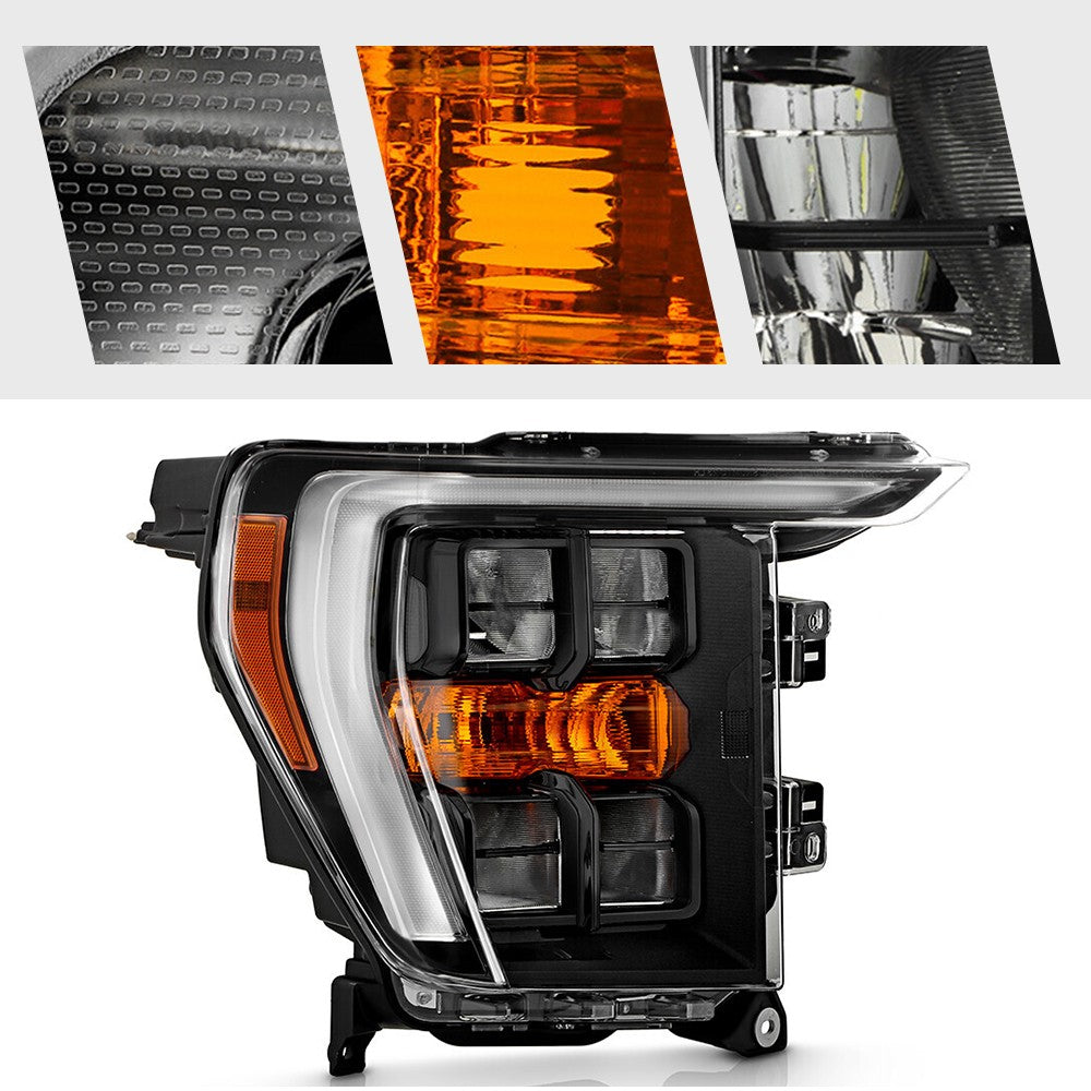 Right LED headlight lens close-up for 2021-2023 Ford F-150