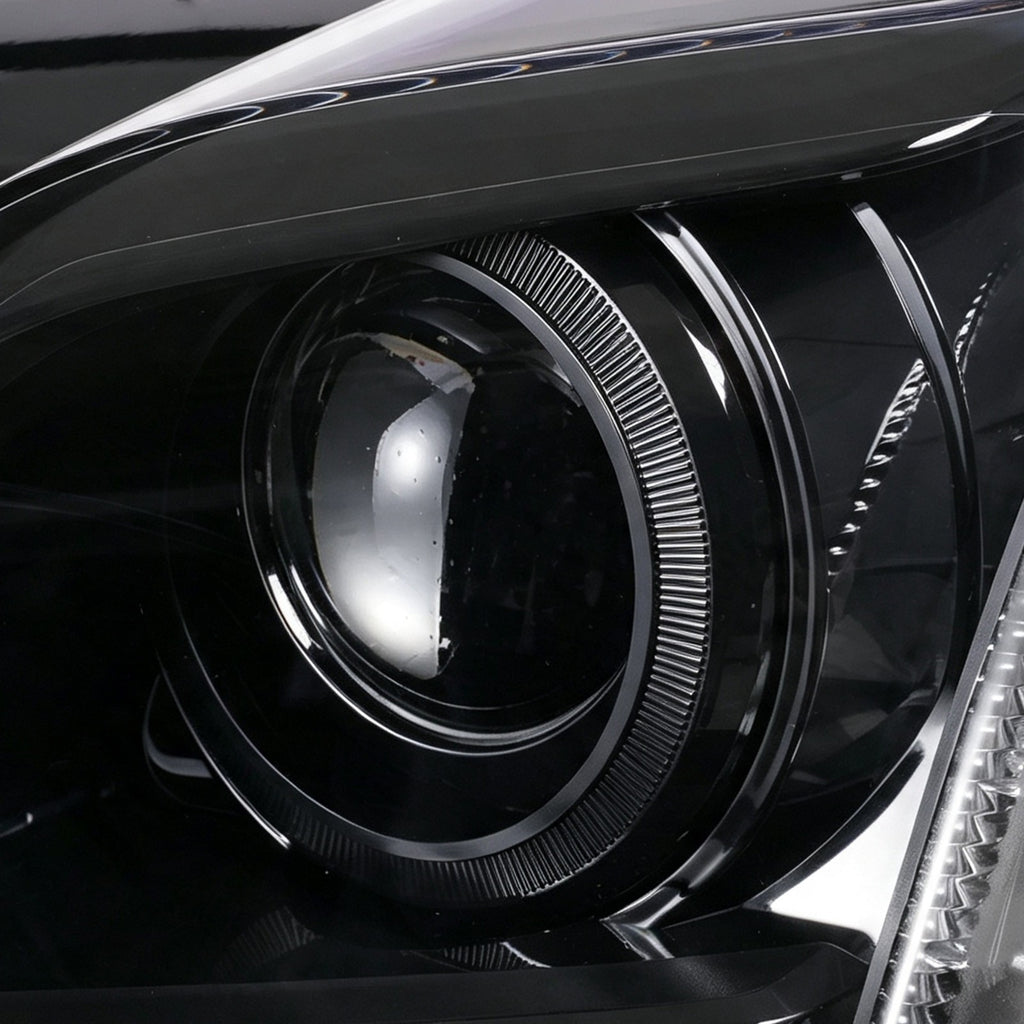 Passenger side Black HID Projector headlight close-up for 2015-2019 Cadillac CTS